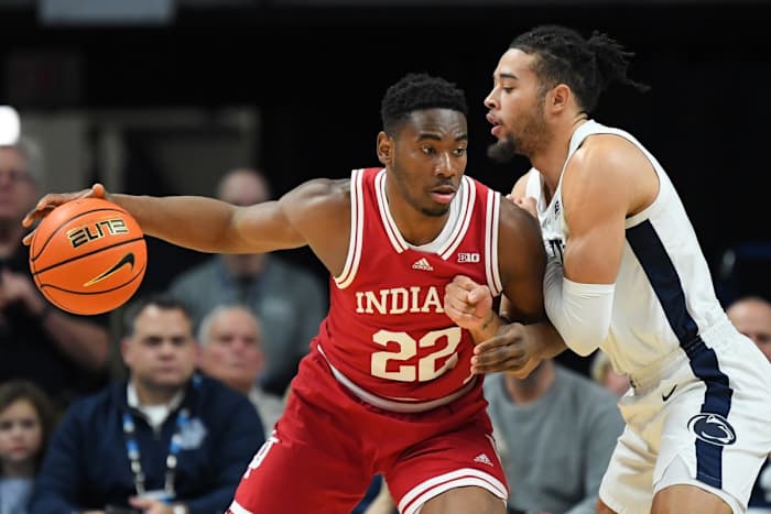 Indiana Hoosiers forward Jordan Geronimo (22) drives to the basket as Penn State Nittany Lions guard Seth Lundy (right) defends during the first half at the Bryce Jordan Center.